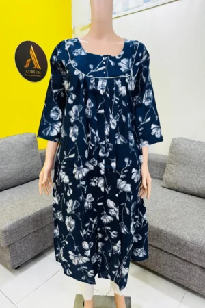 Blue Floral Cotton A-Line Kurti