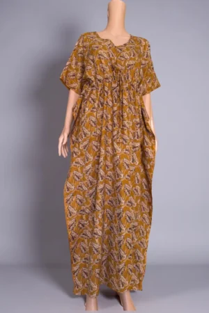 Cotton Yellow Printed Kaftan Nighty