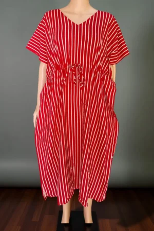 Cotton Printed Red Striped Short Kaftan