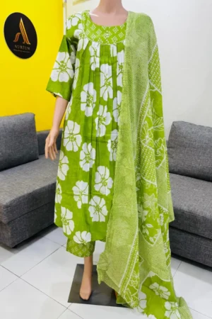 Parrot Green Cotton A-Line Churidhar Set