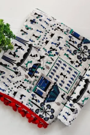 Printed White Cotton Saree with Red Border