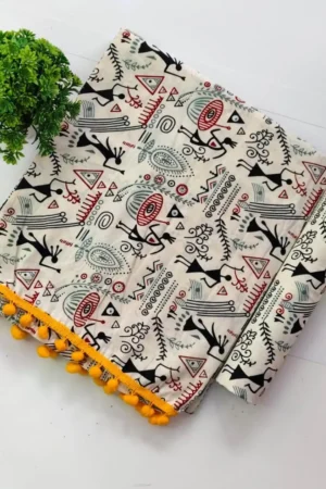 Printed Cotton White Saree with Yellow Border