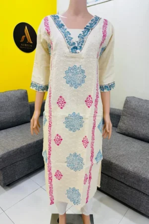 White Hacoba Embroidered Straight Kurti