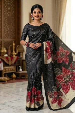 Black Fancy Designer Saree with Floral Printed Pallu