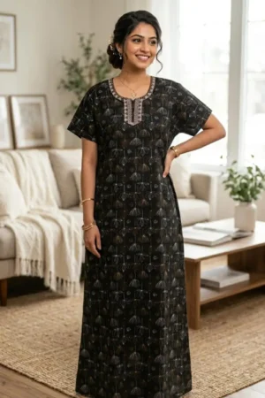 Black Floral Printed Pure Cotton Nighty
