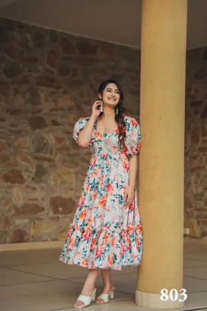 Floral Printed Puff Sleeve Frock
