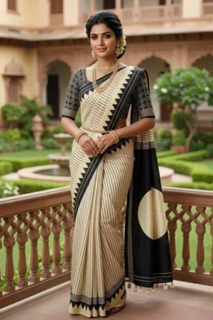 Ivory Fancy Designer Saree with Geometric Border