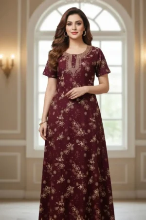 Maroon Printed Pure Cotton Nighty