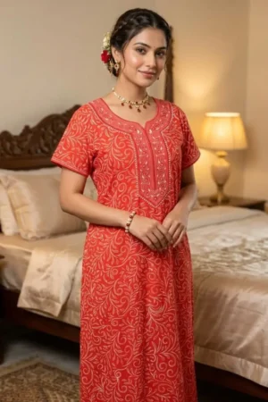 Orange Printed Pure Cotton Nighty