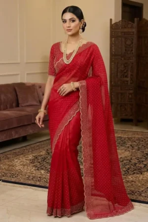 Red Designer Saree with Embellished Scallop Border