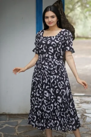 Black Print Square Neck Midi Frock