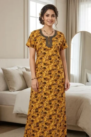 Yellow Printed Pure Cotton Nighty